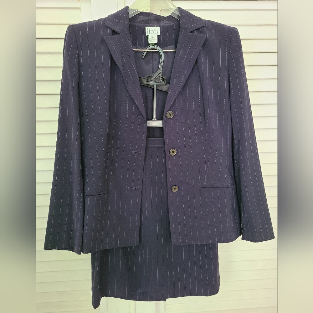 Ann Taylor Navy Pinstripe Blazer and Skirt Suit
